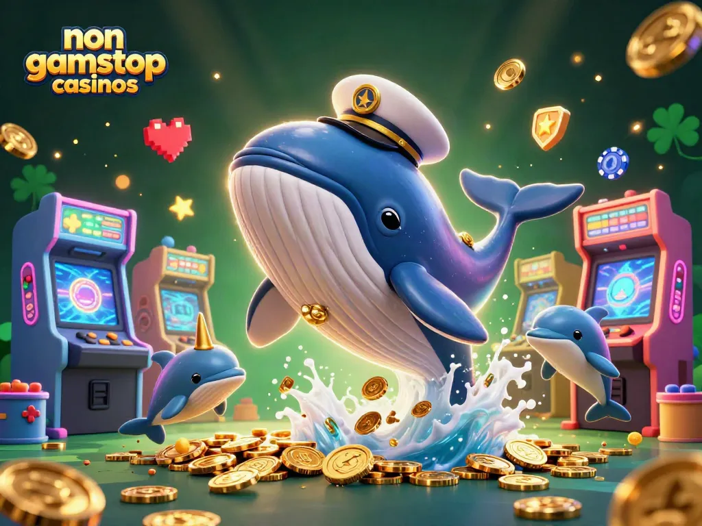 Engaging scene of non gamstop casinos featuring a playful whale and dolphin with poker chips.