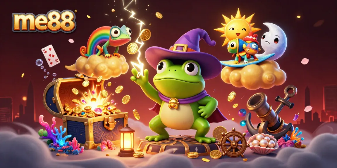 Join the action at me88 with a colorful storm of winnings and exciting game elements in this vibrant casino scene.