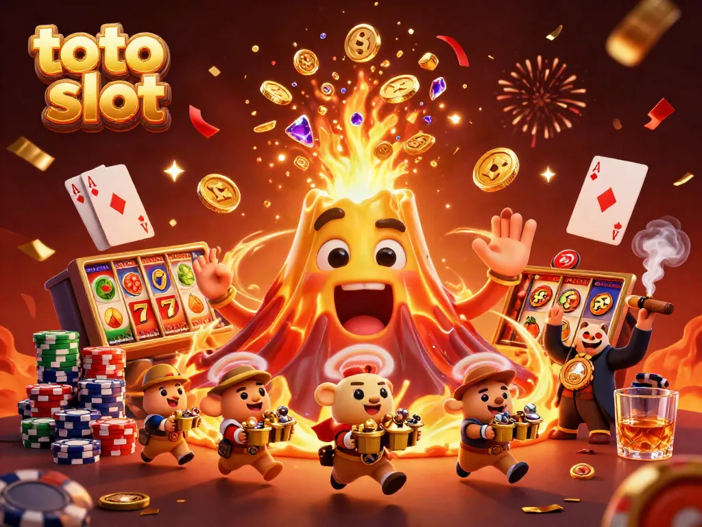 Experience the thrill of toto slot with a golden volcano and treasure-filled scene.