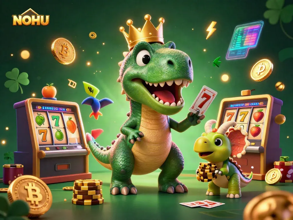 Engaging NOHU illustration featuring a friendly T-Rex shuffling cards, with vibrant gaming elements in a lively casino scene.