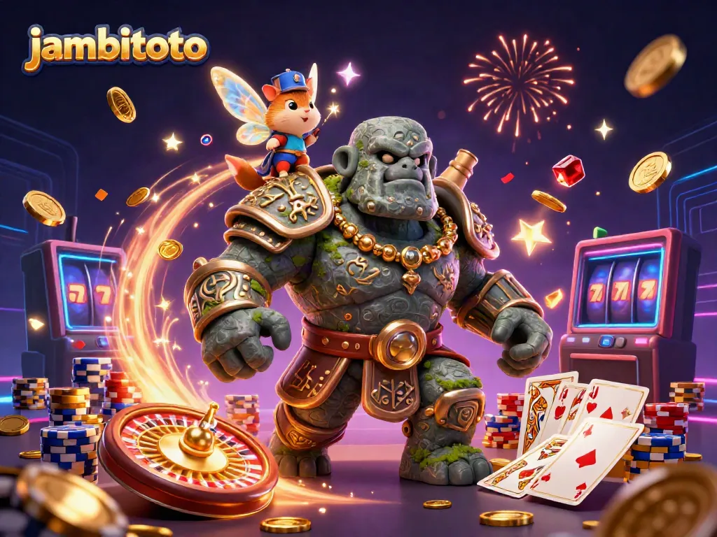 Experience the excitement of jambitoto with magical characters amidst sparkling casino winnings.