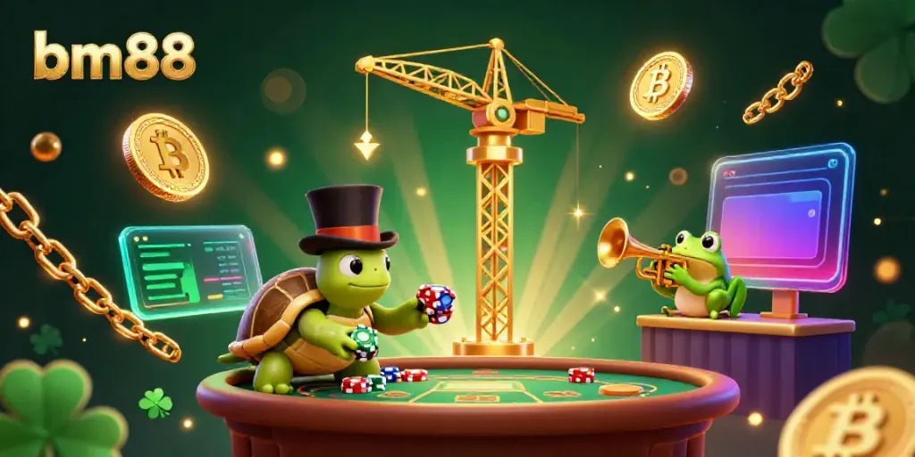 Experience excitement at bm88 with a glamorous casino scene featuring animated characters and cryptocurrency elements.
