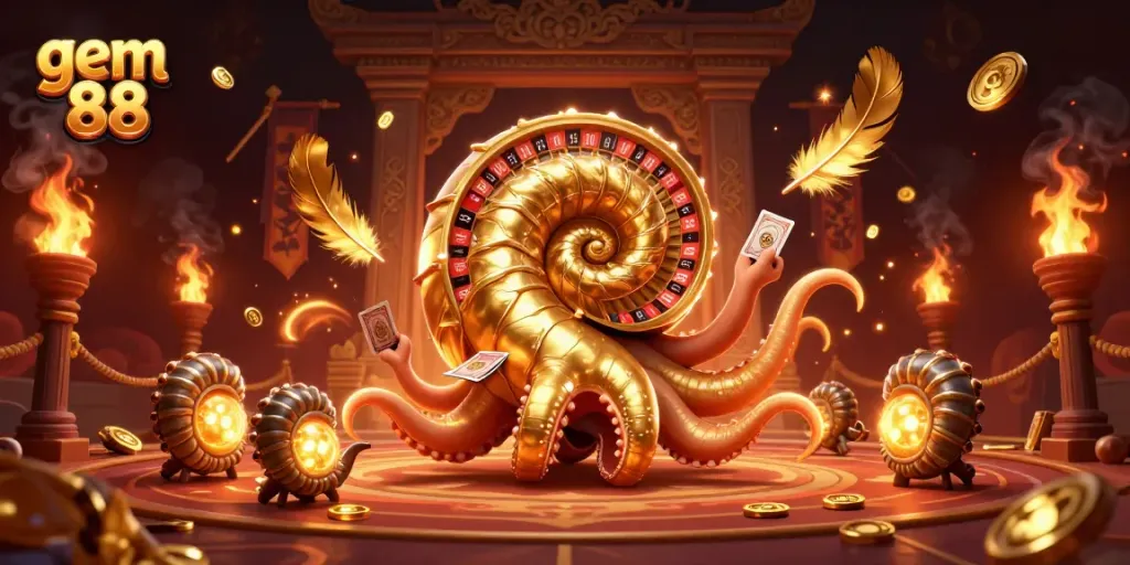 Engage in thrilling gameplay with gem 88, featuring a golden nautilus roulette wheel and glowing ammonites.