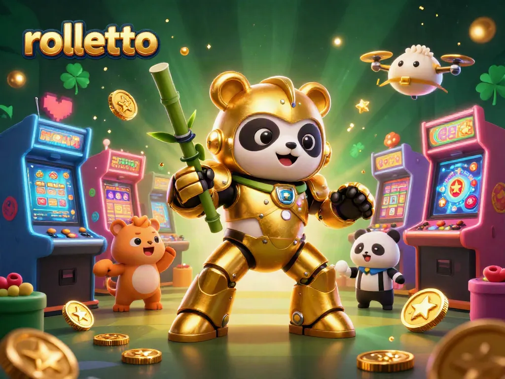 Win big with rolletto casino's vibrant gaming scene featuring a mech-suit panda and colorful arcade machines.