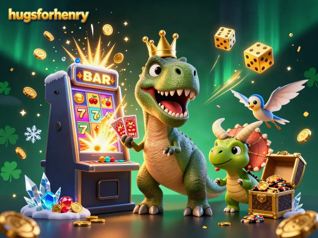 Hugsforhenry showcases playful 3D characters in a vibrant casino theme, featuring a whimsical T-Rex and friends.