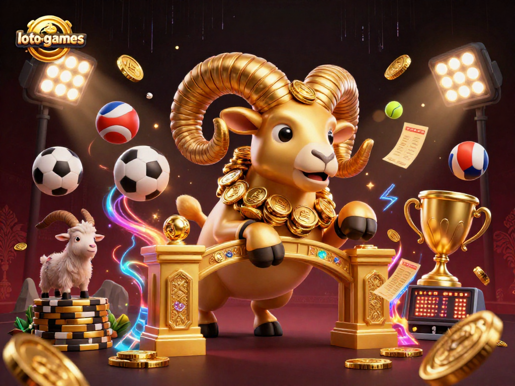 Loto-games offers thrilling casino action featuring a golden ram charging through a dynamic sports scene.