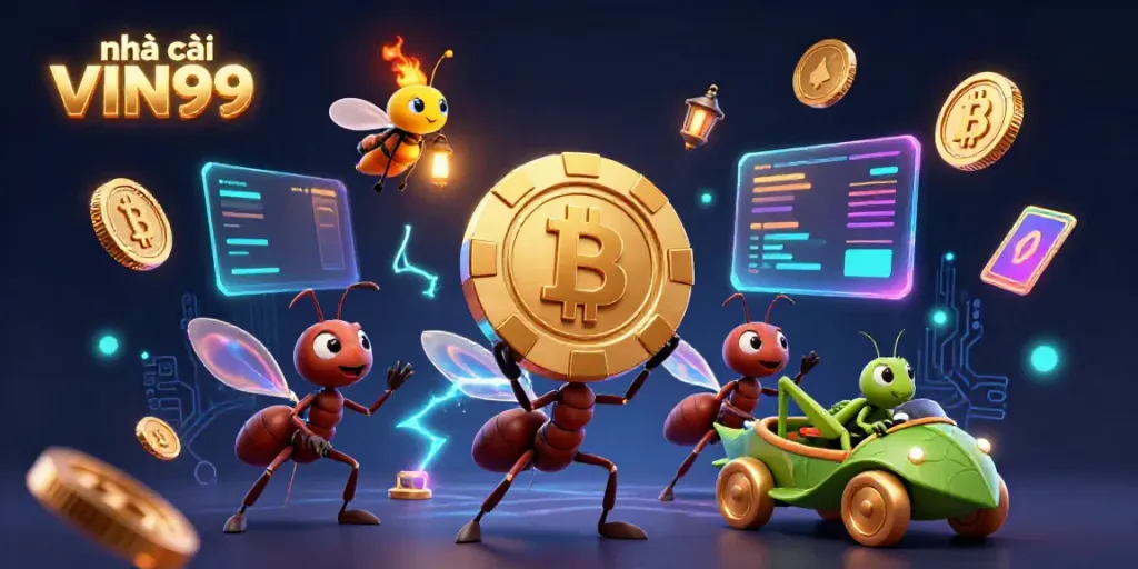 Experience the excitement of nhà cái VIN99 with gambling-themed ant heist scene, showcasing vibrant casino elements.