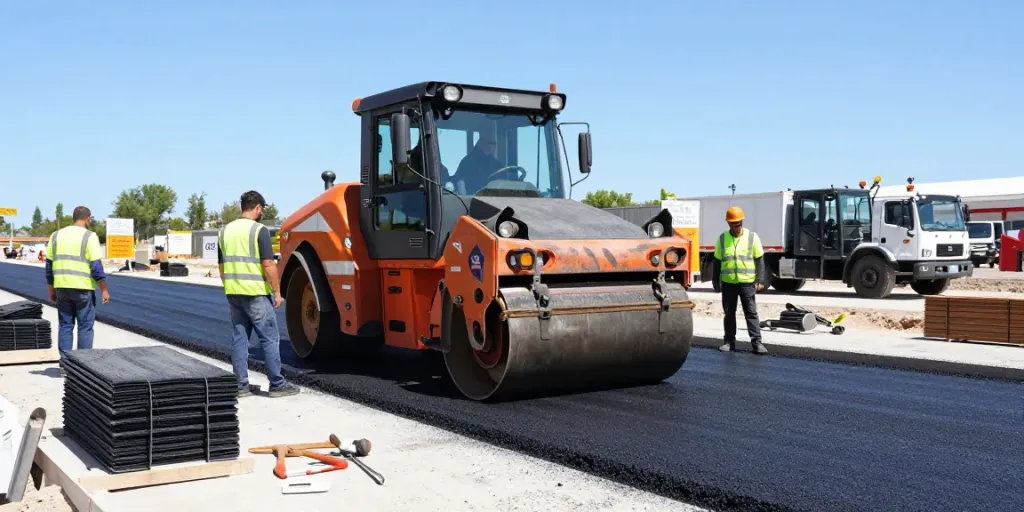 Asphalt paving process with workers and machinery, click here for more info on paving services.