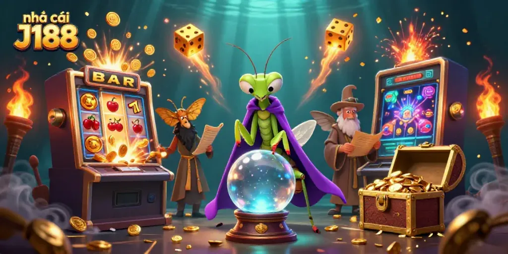 Engage with the vibrant atmosphere of nhà cái J188 featuring a 3D praying mantis fortune teller and lively casino elements.