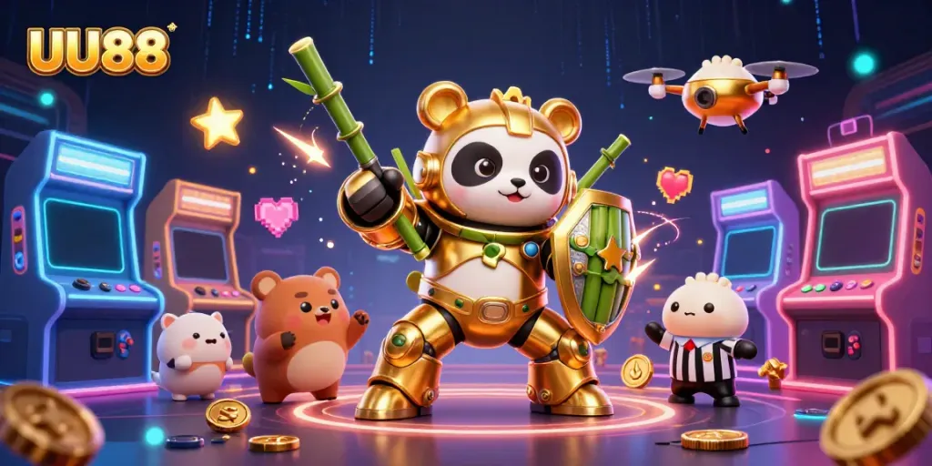 Join the excitement at UU88 with a dynamic 3D casino scene featuring a golden panda and vibrant game elements.