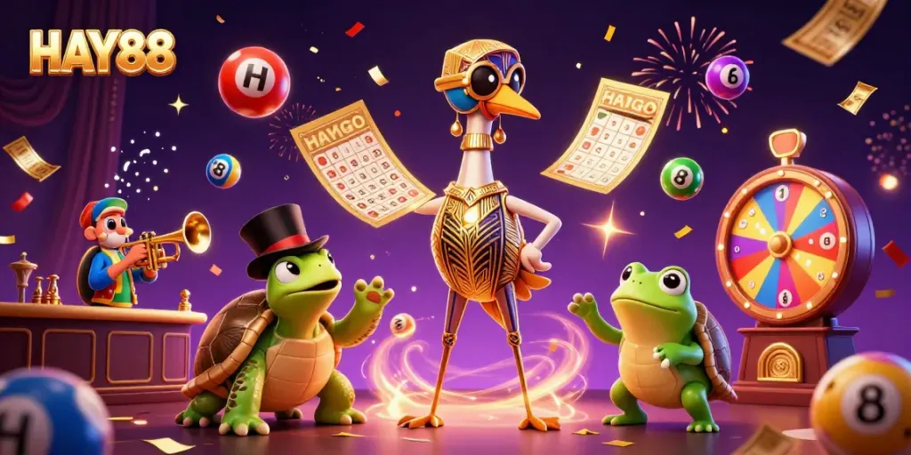 Experience the excitement of HAY88 with vibrant lotto balls and animated casino characters!
