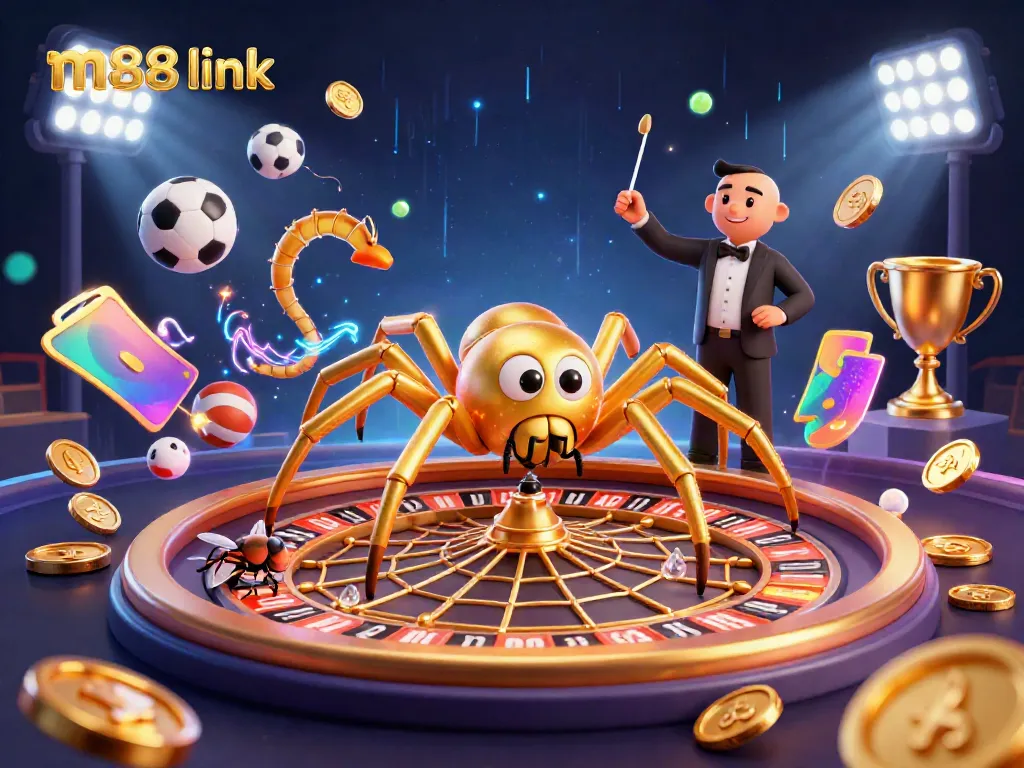 Spin winning bets with the m88 link as a golden spider weaves a roulette web in an exciting casino scene.