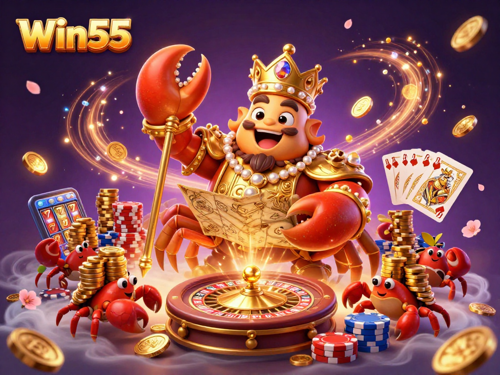Win55 creates excitement with a golden crab emperor, roulette wheel, and vibrant casino elements in a stunning digital art.