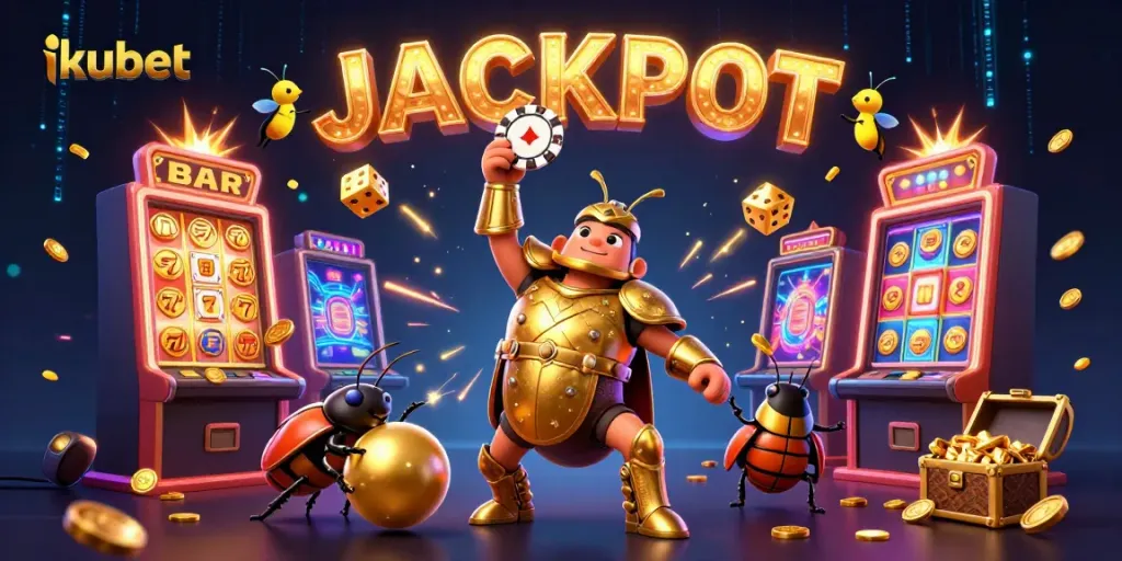 Experience kubet's thrilling online casino with dynamic characters and engaging game elements in a vibrant illustration