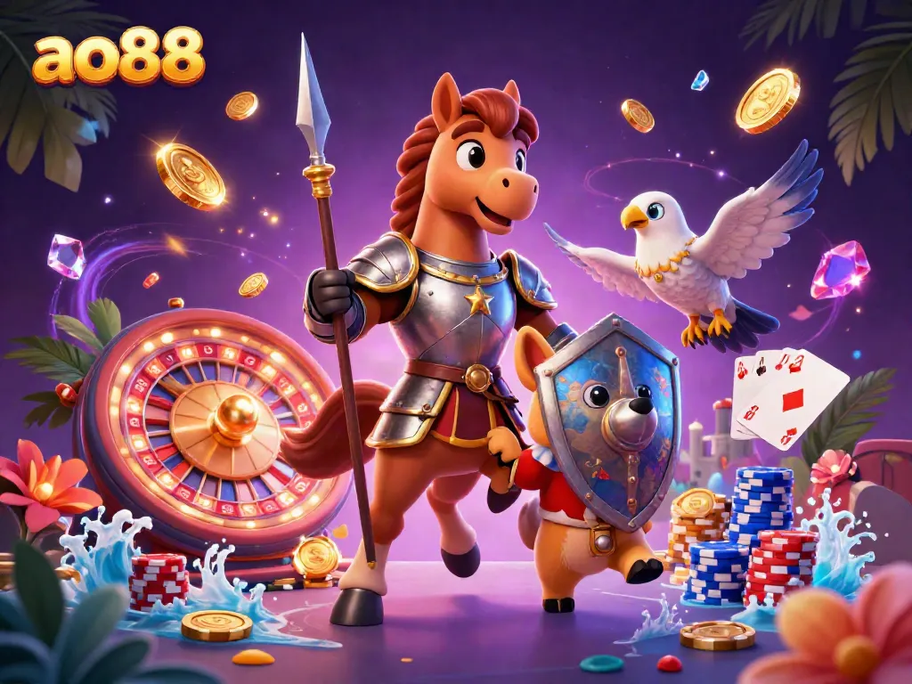 Engage with ao88 as a knight and canine buddy explore casino-themed adventures with coins, cards, and chips.