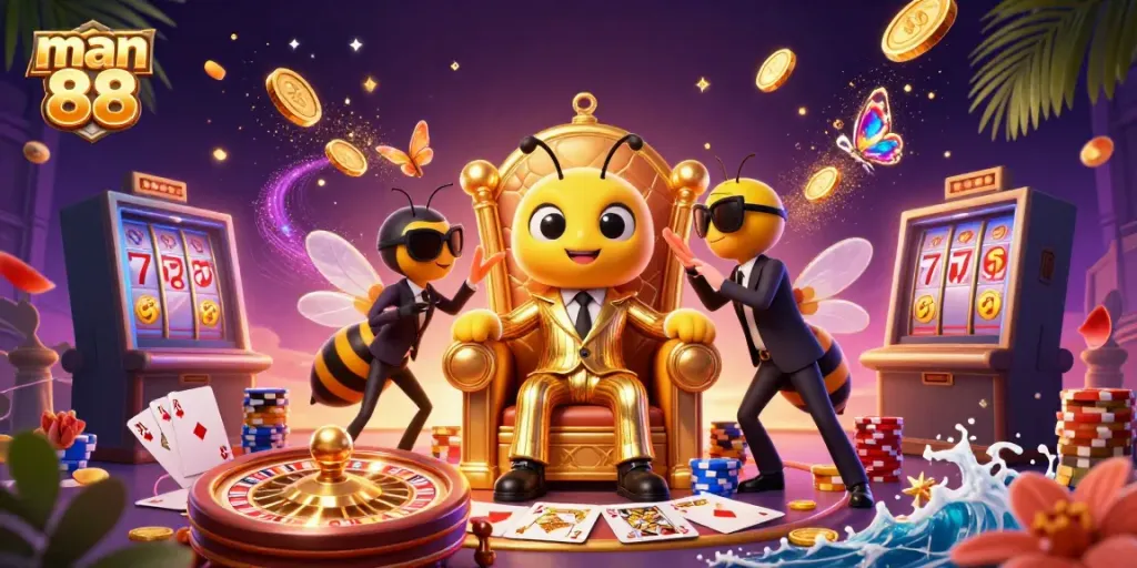 Experience the charm of man 88 with a lively illustration of a bumblebee mob boss in a casino setting.