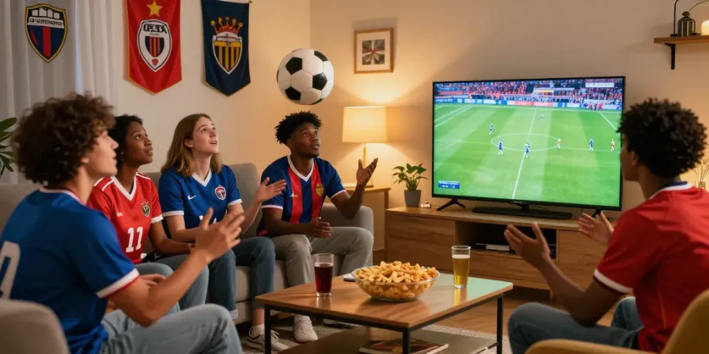 Thapcamtv sports fans enjoying a thrilling football match together in a lively living room atmosphere.