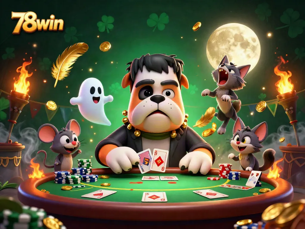 Engage with thrilling card games at 78win's vibrant casino atmosphere featuring cartoon monsters.