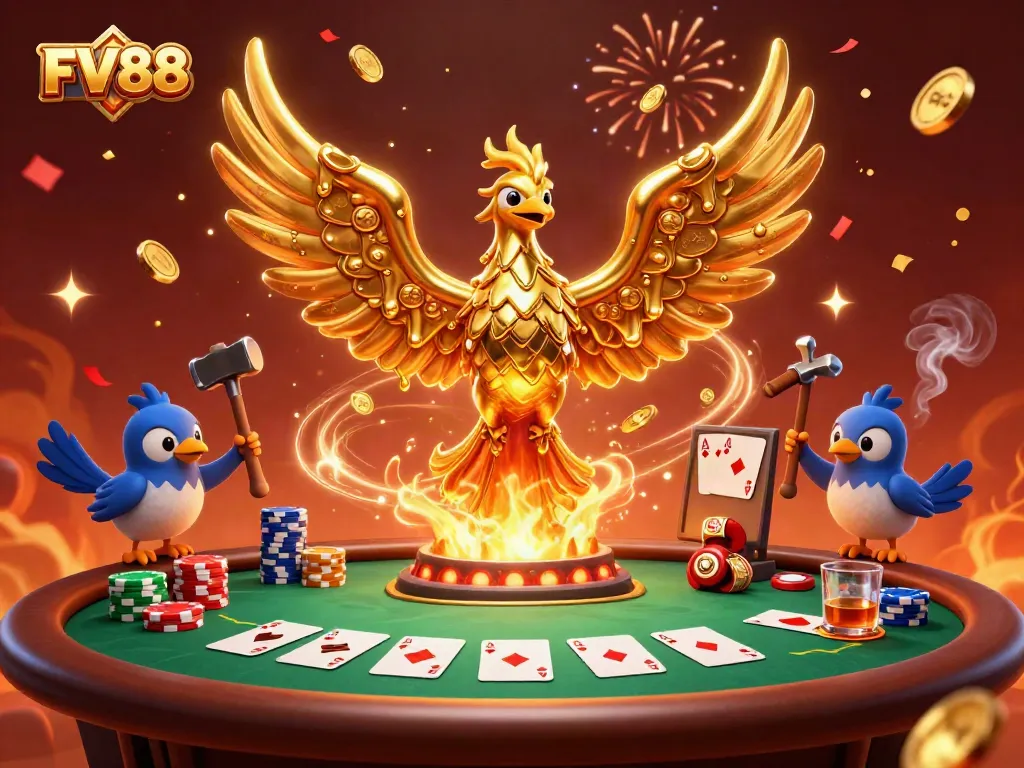 Experience thrilling gaming action with FV88 at a dynamic poker table, featuring vibrant casino elements.