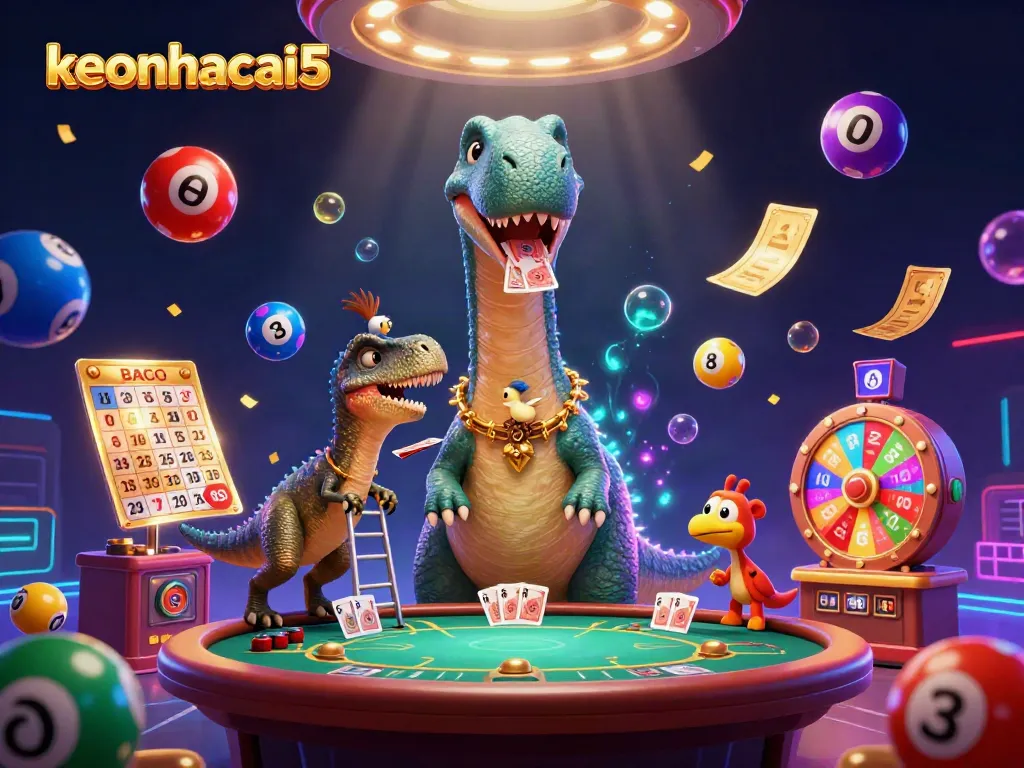 Join the exciting action of keonhacai5 with a dynamic casino scene featuring cartoon dinosaurs and colorful lottery elements.