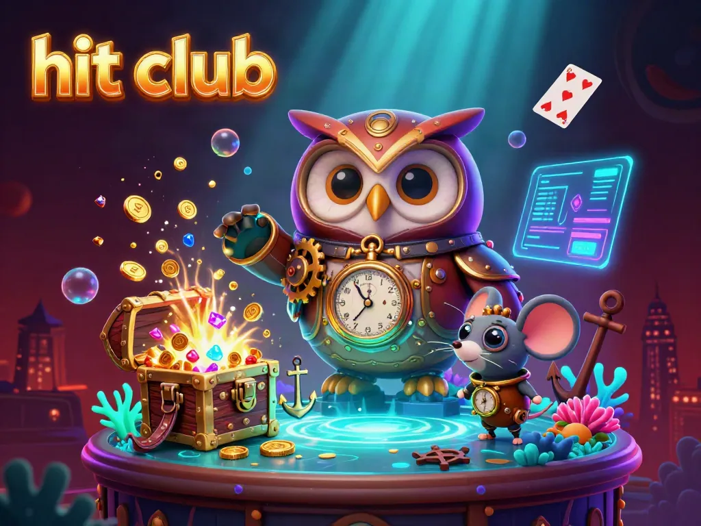 Experience thrilling adventures at hit club with a dynamic scene featuring steampunk owl, treasure chests, and vibrant casino elements.