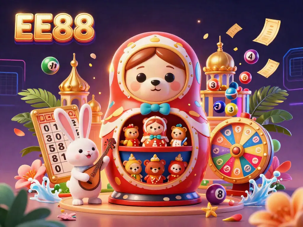Experience fun and thrill at EE88 with this vibrant lottery and casino-themed illustration filled with energetic game elements.