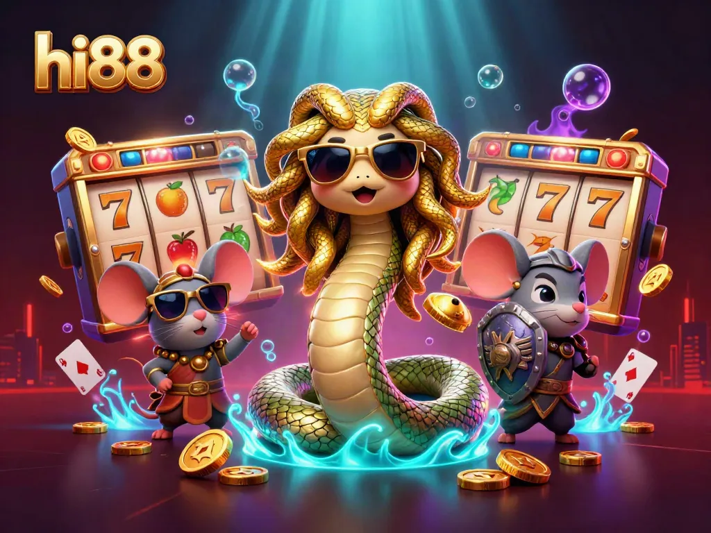 Win big with hi88 in this vibrant casino scene featuring playful Medusa, a warrior mouse, and exciting game elements.