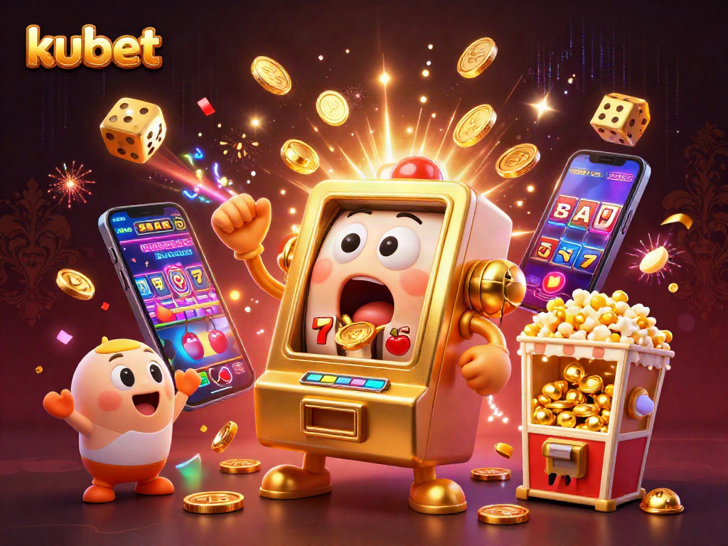 Kubet's festive slot machine celebrates hitting a jackpot, surrounded by cheerful characters and golden treasures.