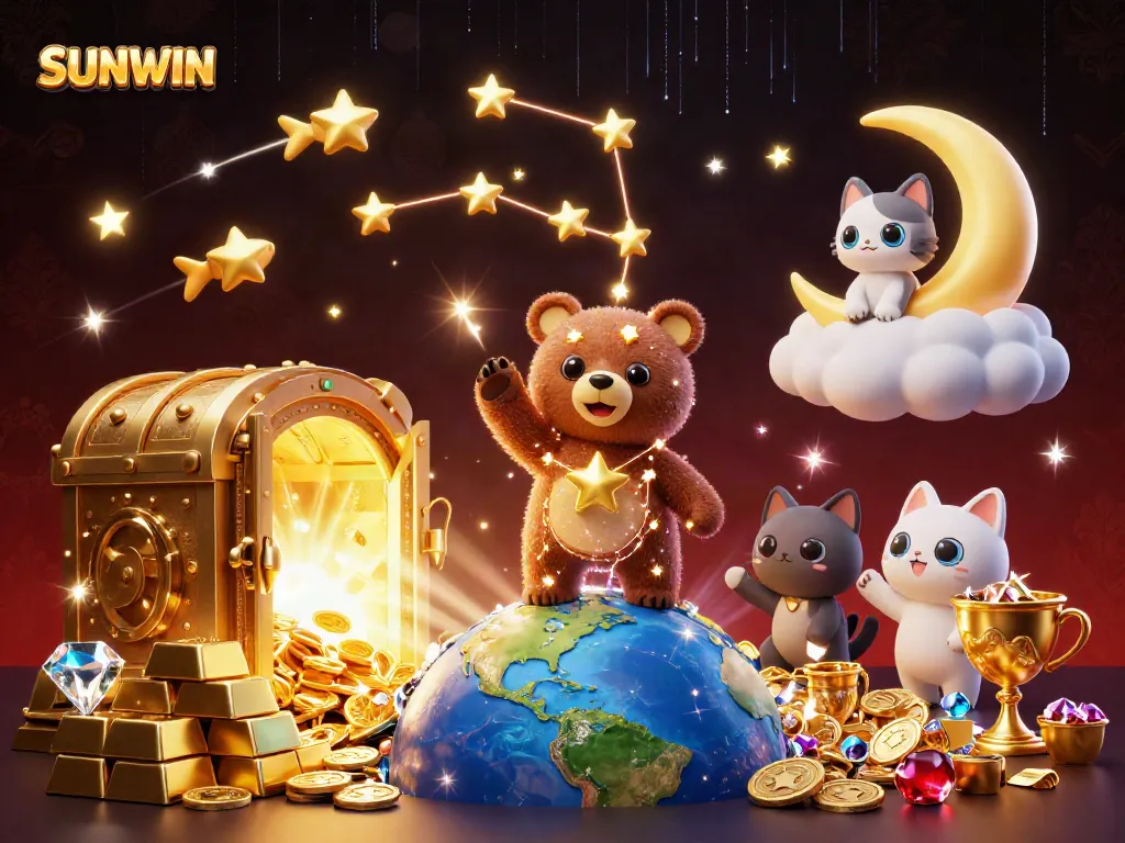 Experience the magic of SUNWIN with a constellation bear, treasures, and vibrant casino elements.