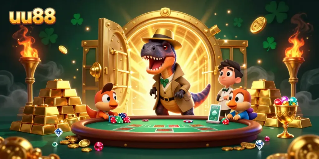 Experience thrilling gameplay at uu88 with a velociraptor counter, golden treasures, and vibrant casino elements.