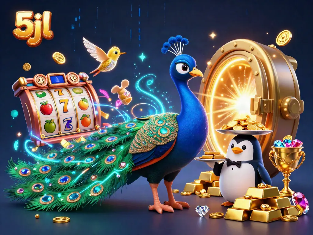 Experience vibrant 5jl gaming excitement with a peacock, penguin, and hummingbird in this rich casino-themed illustration.
