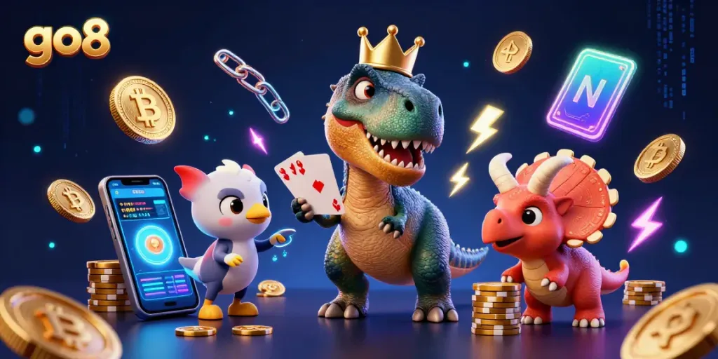 Engage with vibrant go8 casino excitement featuring playful dinosaurs and crypto symbols.