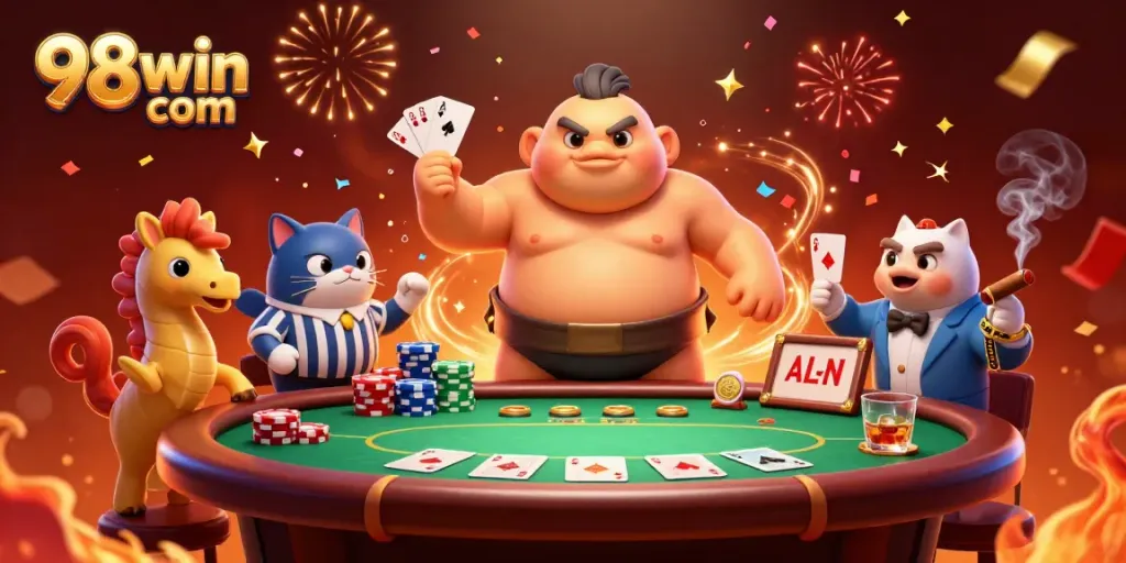 Engage in thrilling gameplay at 98win com with a vibrant underwater poker scene featuring animated characters.