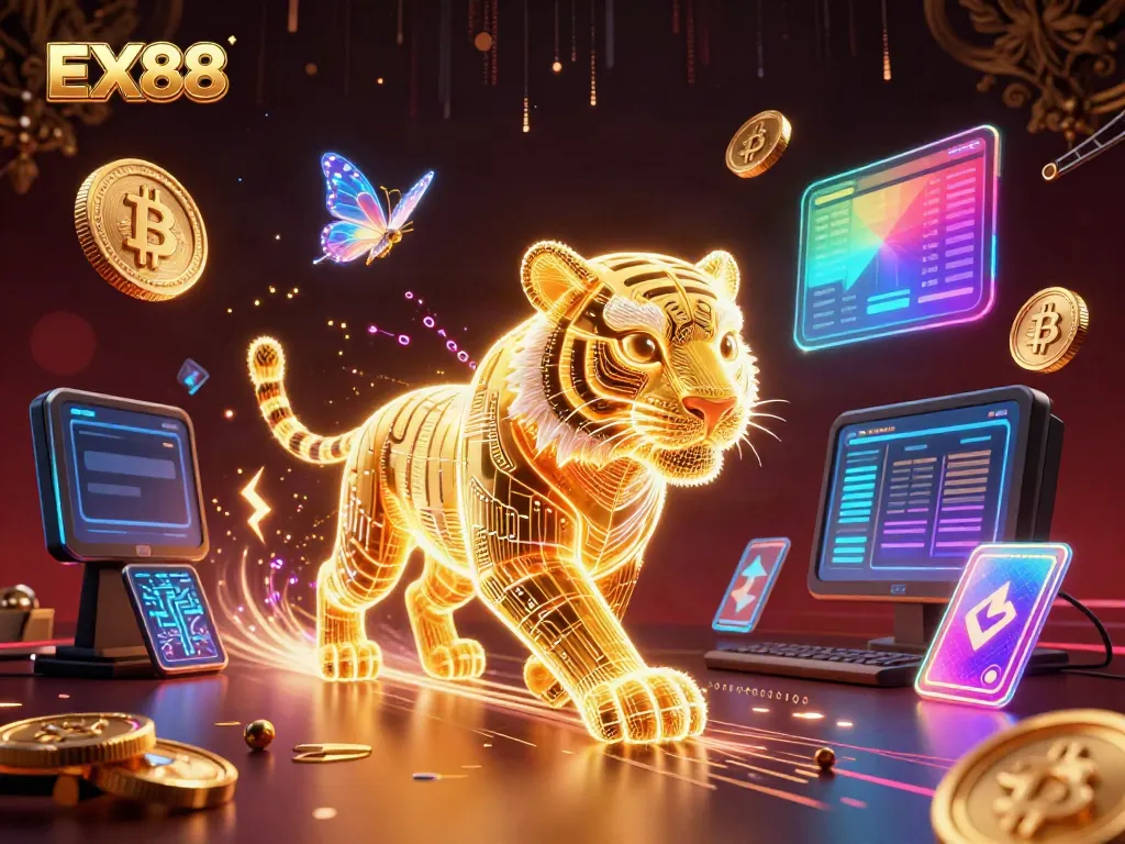 EX88 neon casino illustration capturing a golden light tiger among crypto coins and digital elements.