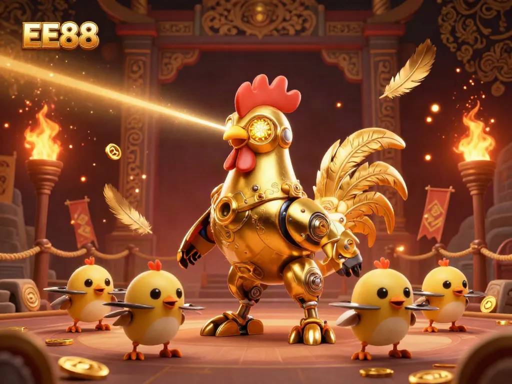 Engage with EE88's exciting gaming universe featuring a golden rooster robot amidst dynamic casino elements.