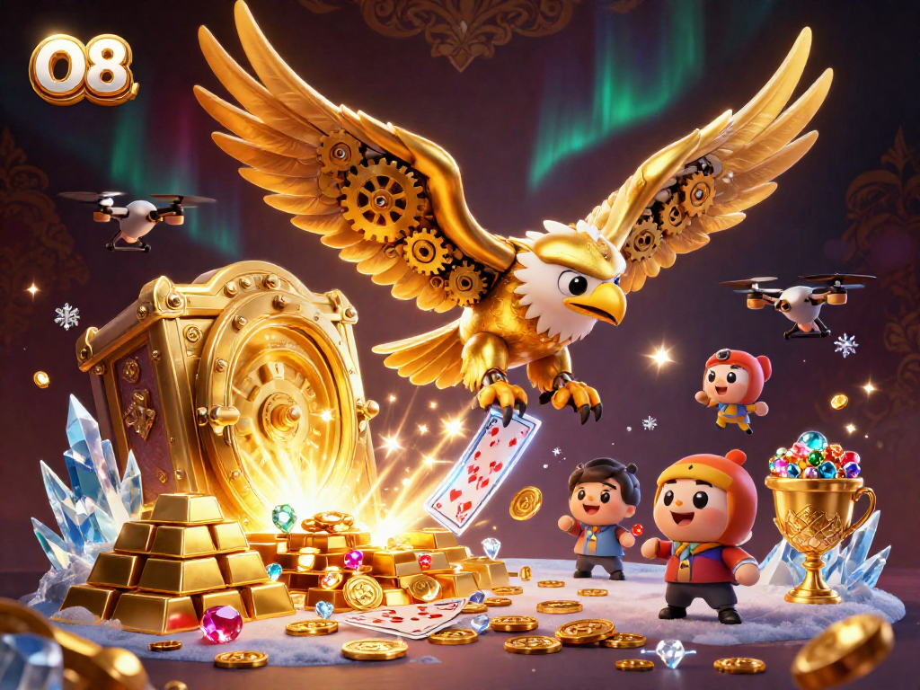 Engage with O8's thrilling gaming adventure featuring a golden eagle amidst vibrant casino elements.