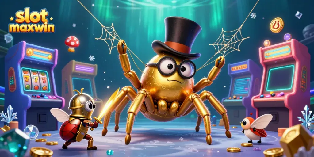 Engage with slot maxwin as the golden tarantula weaves a jackpot web in this lively casino scene.