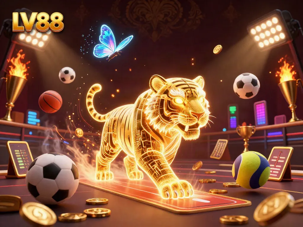 Experience thrilling gaming at LV88 with an energetic golden tiger leading a dynamic casino scene.