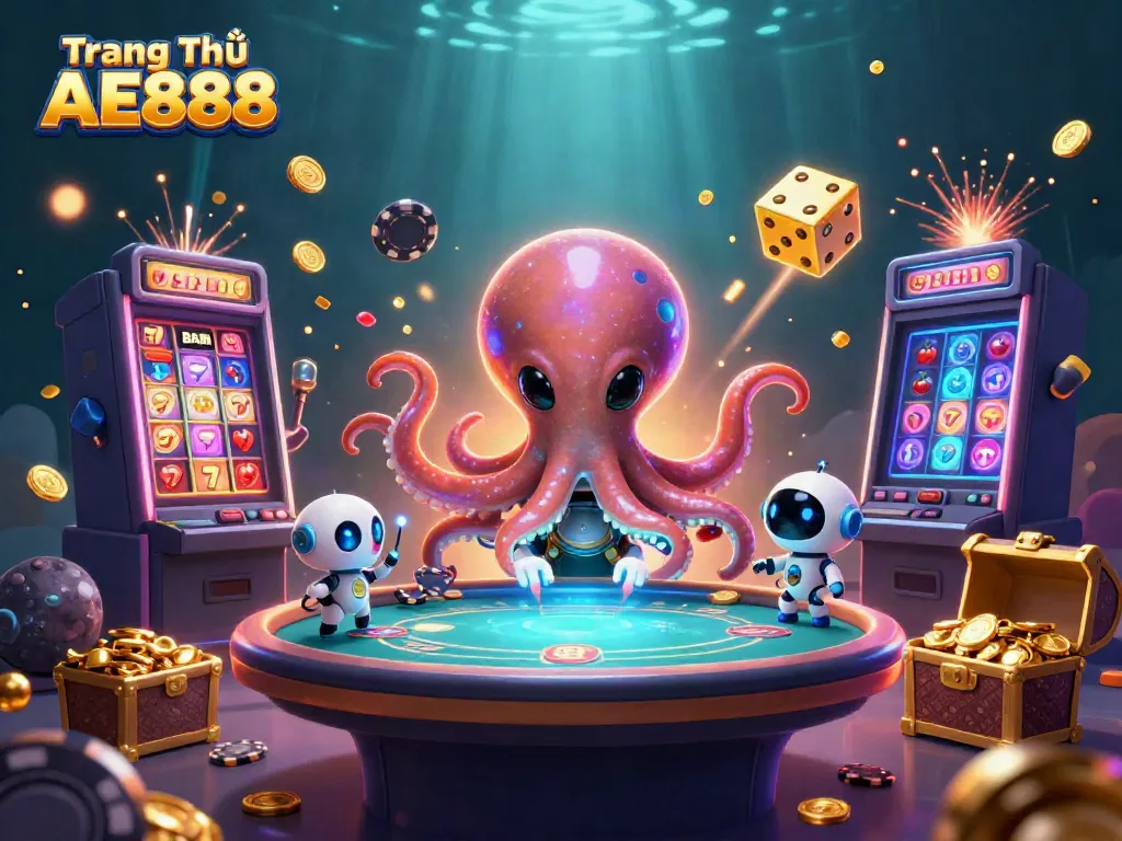Experience the thrill of Trang Chủ AE888 with vibrant poker action in an alien-themed casino.