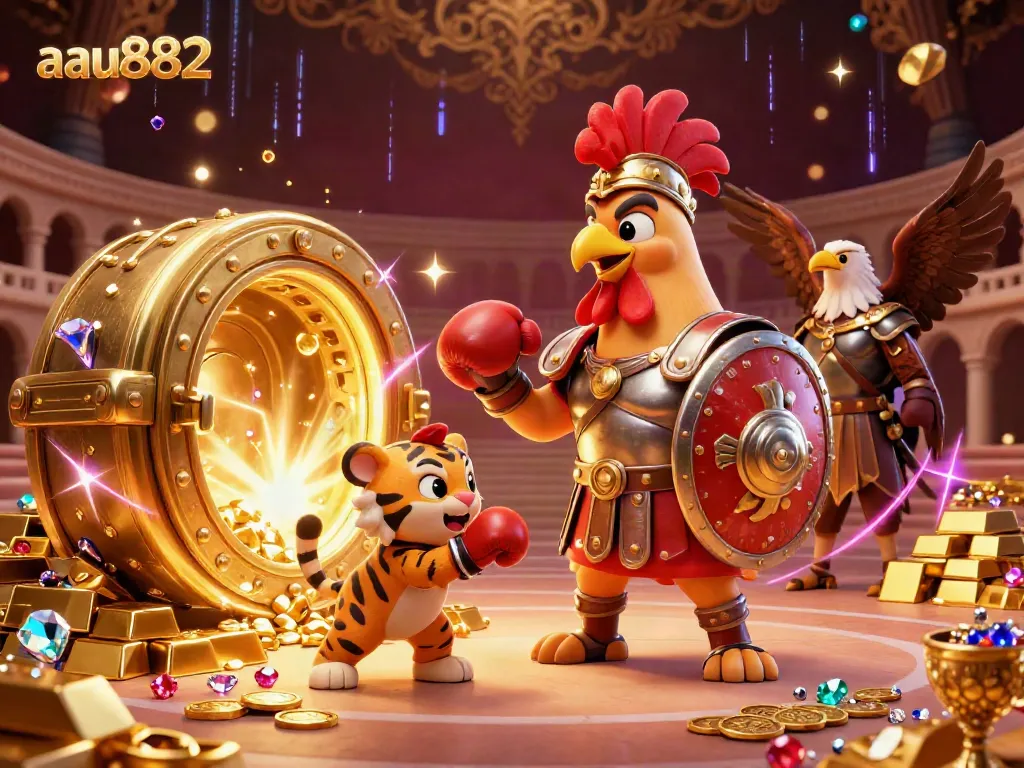 A 3D cartoon gladiator rooster and a tiger cub in a dynamic casino scene with aau882 logo, surrounded by treasures and sparkling gems.