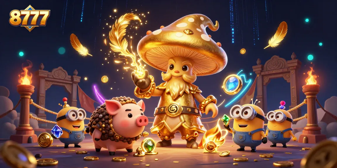 Experience the excitement of winning at 8777 with a golden mushroom wizard and treasure-hunting pig in an interactive casino scene.
