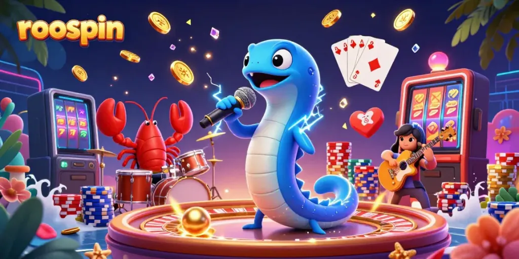 Engage in gaming fun at roospin with vibrant scenes of an electric eel DJ, colorful poker elements, and mobile-friendly action.