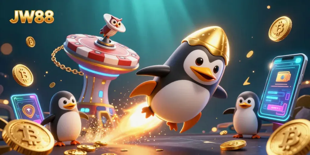 Engage with JW88 as a golden penguin rockets through a vibrant casino space, surrounded by crypto elements.