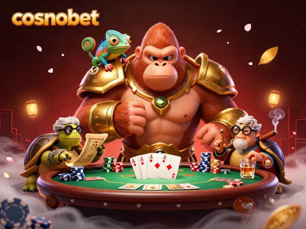 Experience thrilling poker action with cosmobet’s vibrant gorilla king and wise tortoise in a casino setting.