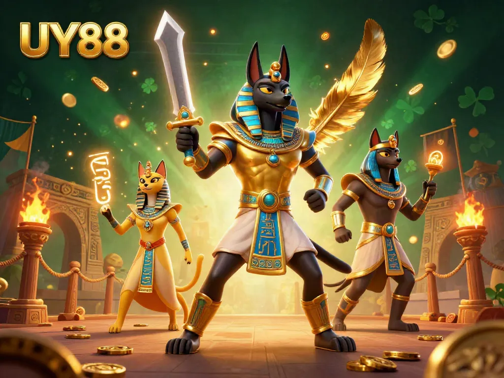 Engage with dynamic gambling excitement through UY88's 3D casino battle featuring Anubis and Bastet.