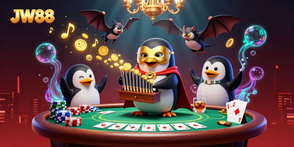 JW88 penguin playing a gold-organ, surrounded by poker chips, coins, and vibrant neon effects.