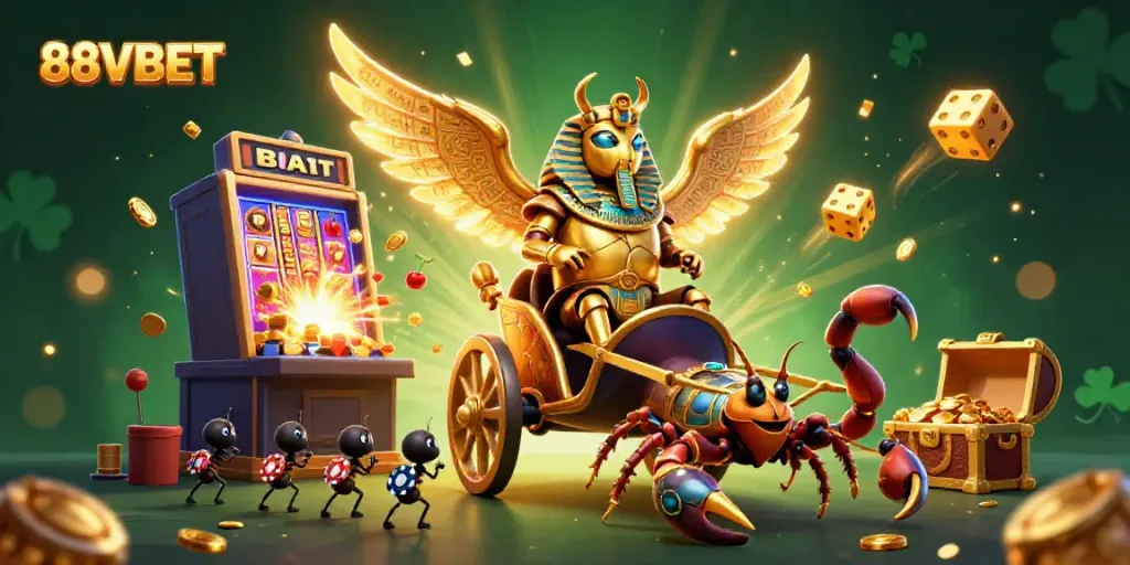 Experience the excitement of 88VBET with a vibrant casino-themed 3D illustration featuring a golden scarab beetle.