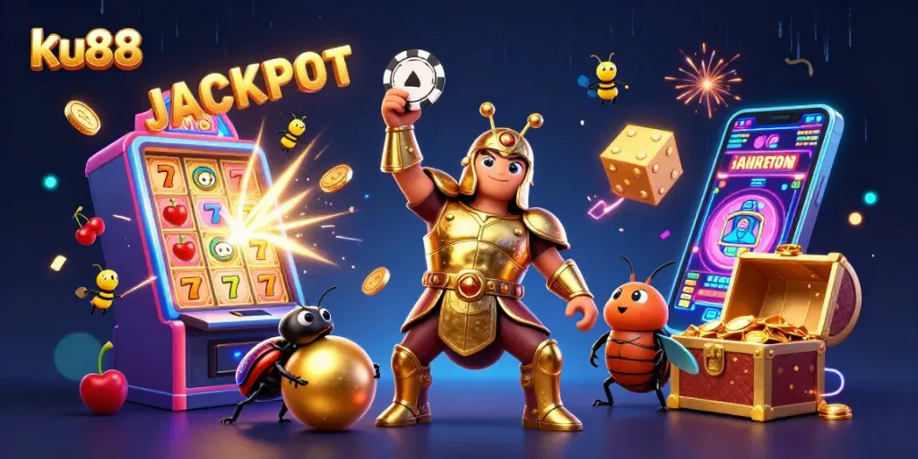 ku88 thrills as a hercules beetle celebrates a jackpot win amidst vibrant casino elements