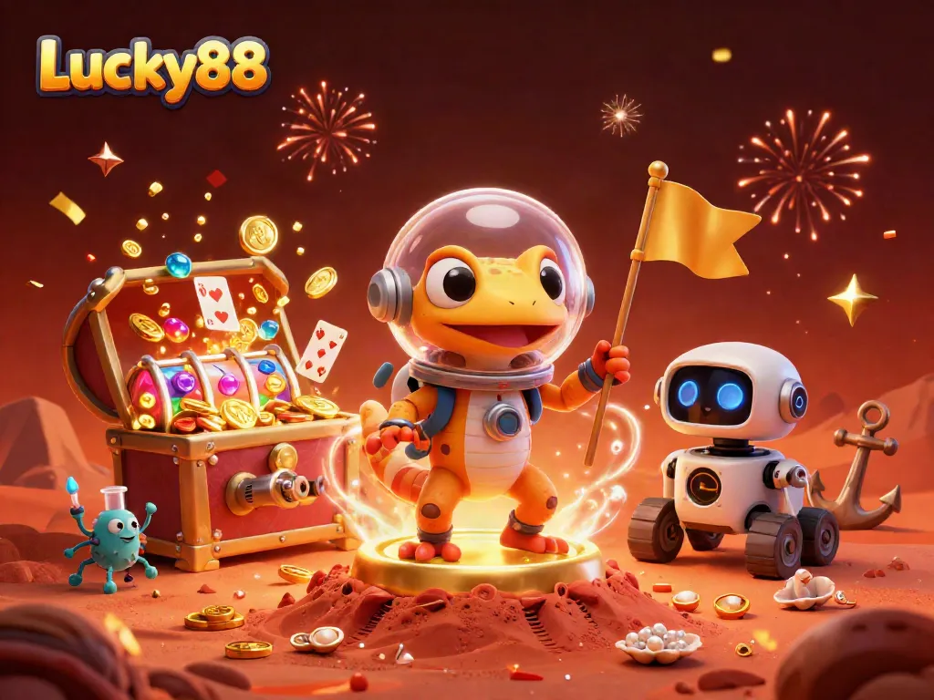 Experience the thrill of Lucky88 with a Martian gecko discovering a golden casino on Mars, surrounded by vibrant casino elements.