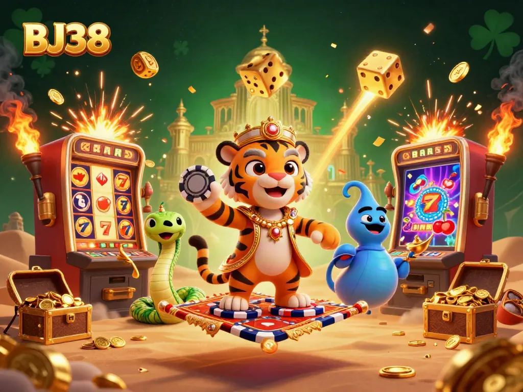 Engage with BJ38's vibrant casino atmosphere featuring a tiger sultan and jackpot excitement.